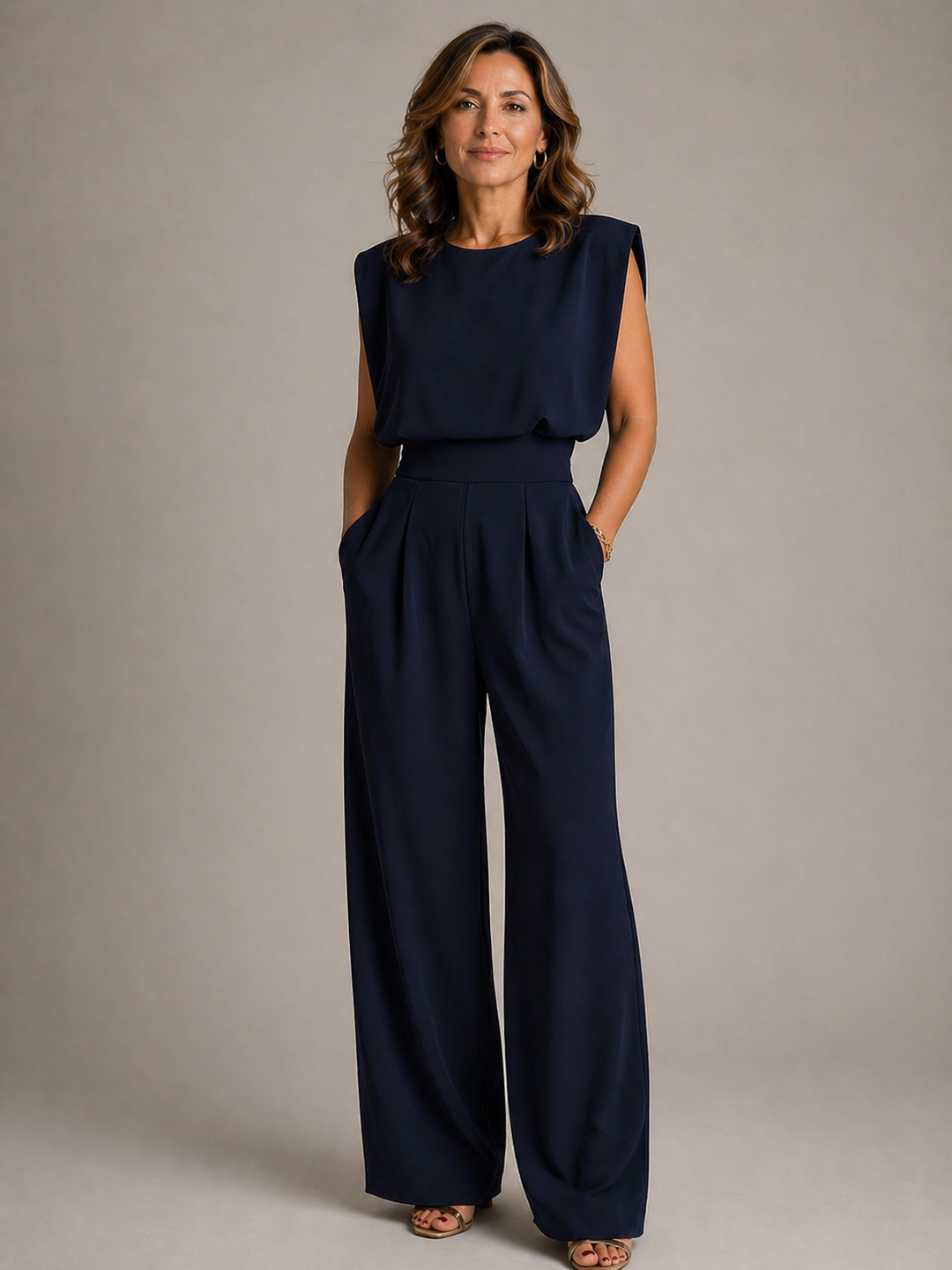 Women's Sleeveless Wide Leg Jumpsuit, Pleated High Waist