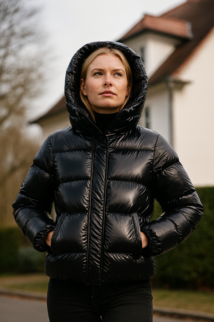 Women's black quilted hooded puffer jacket