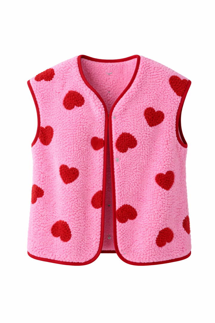 Women's heart print fleece vest with button front