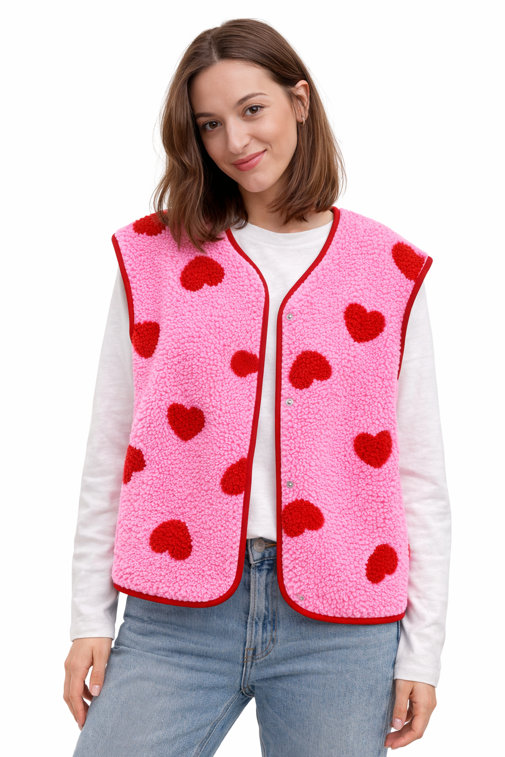 Women's heart print fleece vest with button front