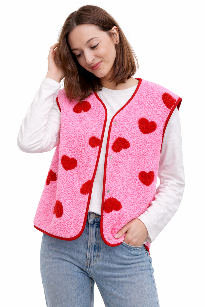 Women's heart print fleece vest with button front