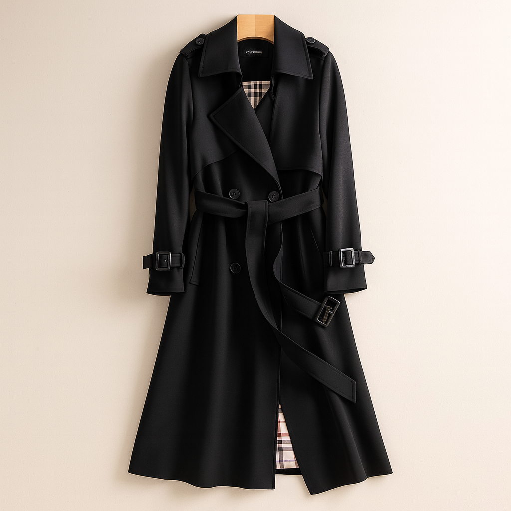 Women's double-breasted trench coat with belt and checked lining