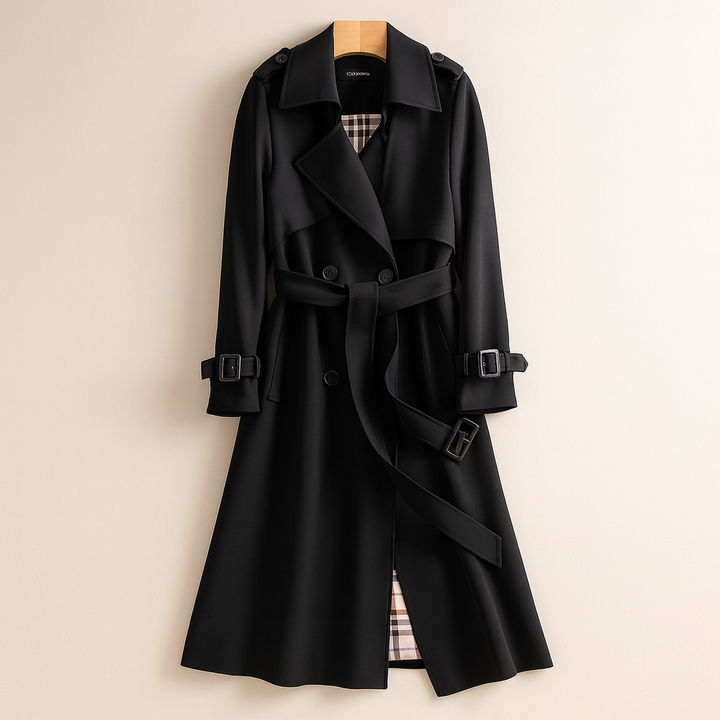 Women's double-breasted trench coat with belt and checked lining