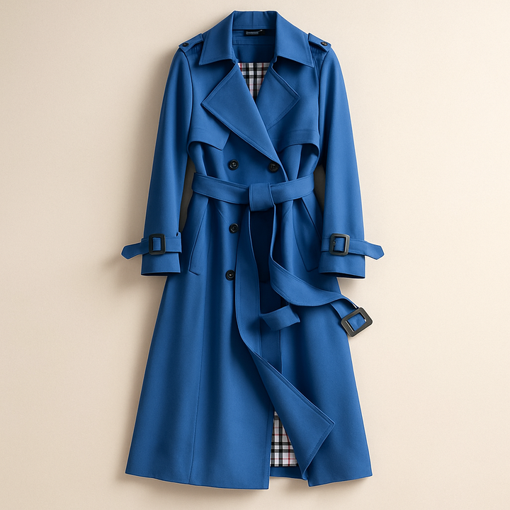 Women's double-breasted trench coat with belt and checked lining