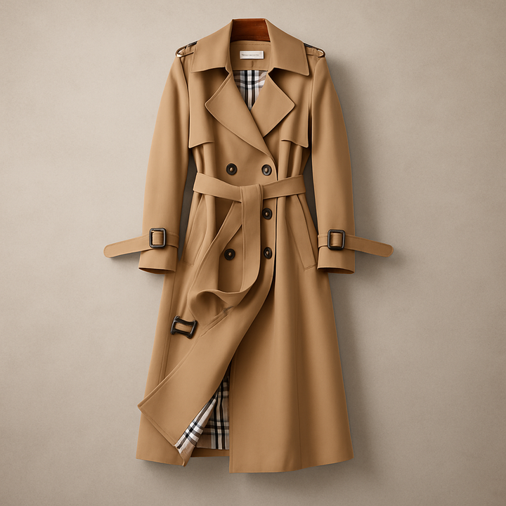 Women's double-breasted trench coat with belt and checked lining