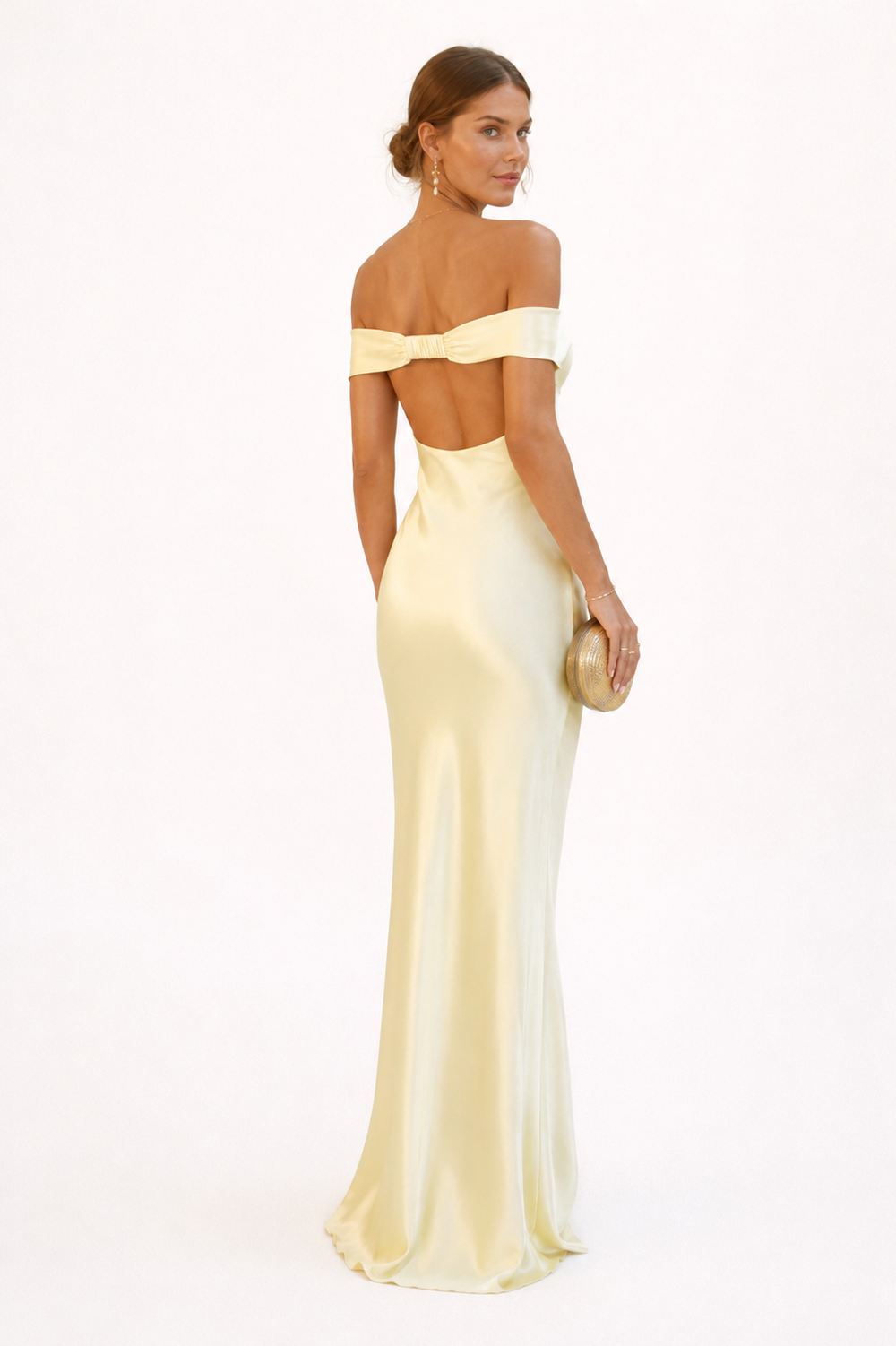Women's yellow off-shoulder maxi dress with sweetheart neckline and draped sleeves