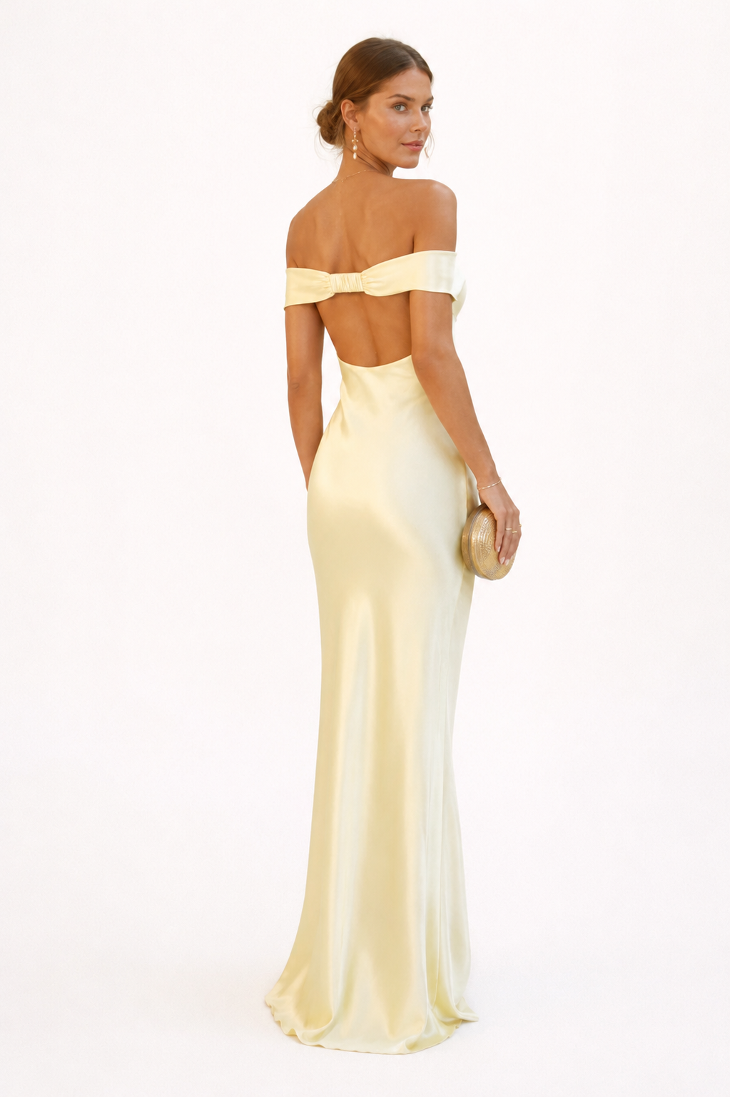 Women's yellow off-shoulder maxi dress with sweetheart neckline and draped sleeves