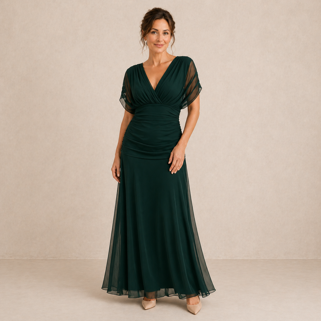 Women's maxi dress with V-neck wrap front and short sleeves in bottle green