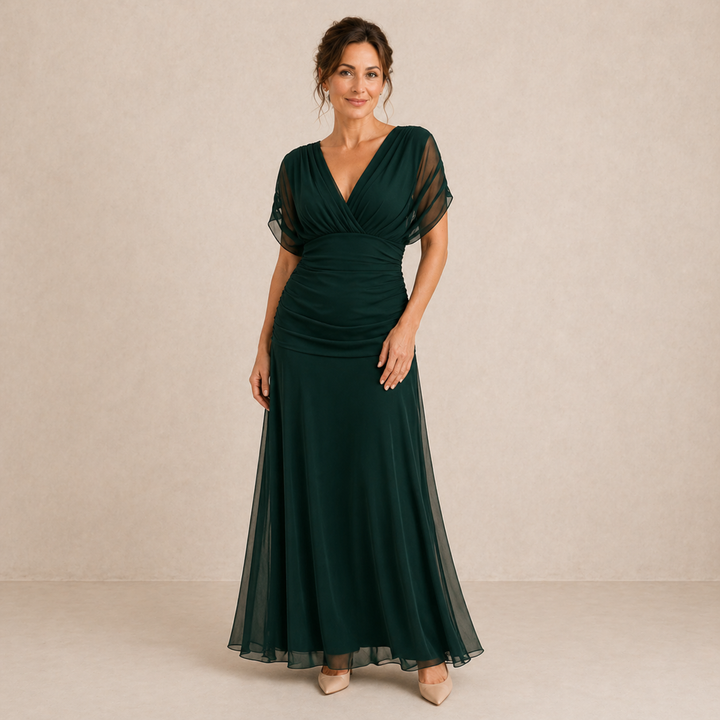 Women's maxi dress with V-neck wrap front and short sleeves in bottle green