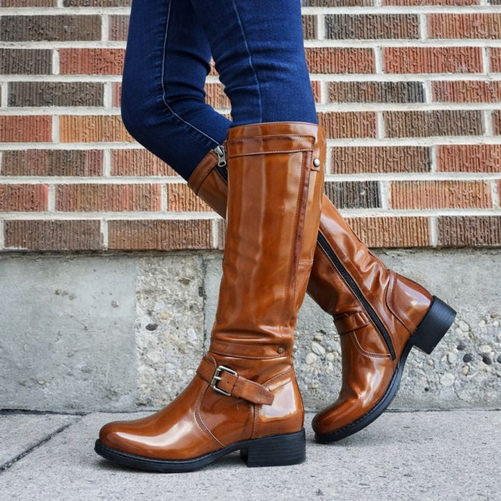 Women's Classic Round Toe Knee-High Boots in Red - View 3 | Bellmere