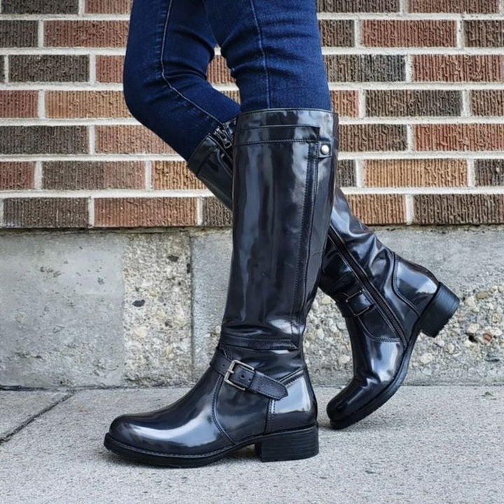 Women's Classic Round Toe Knee-High Boots in Red - View 2 | Bellmere