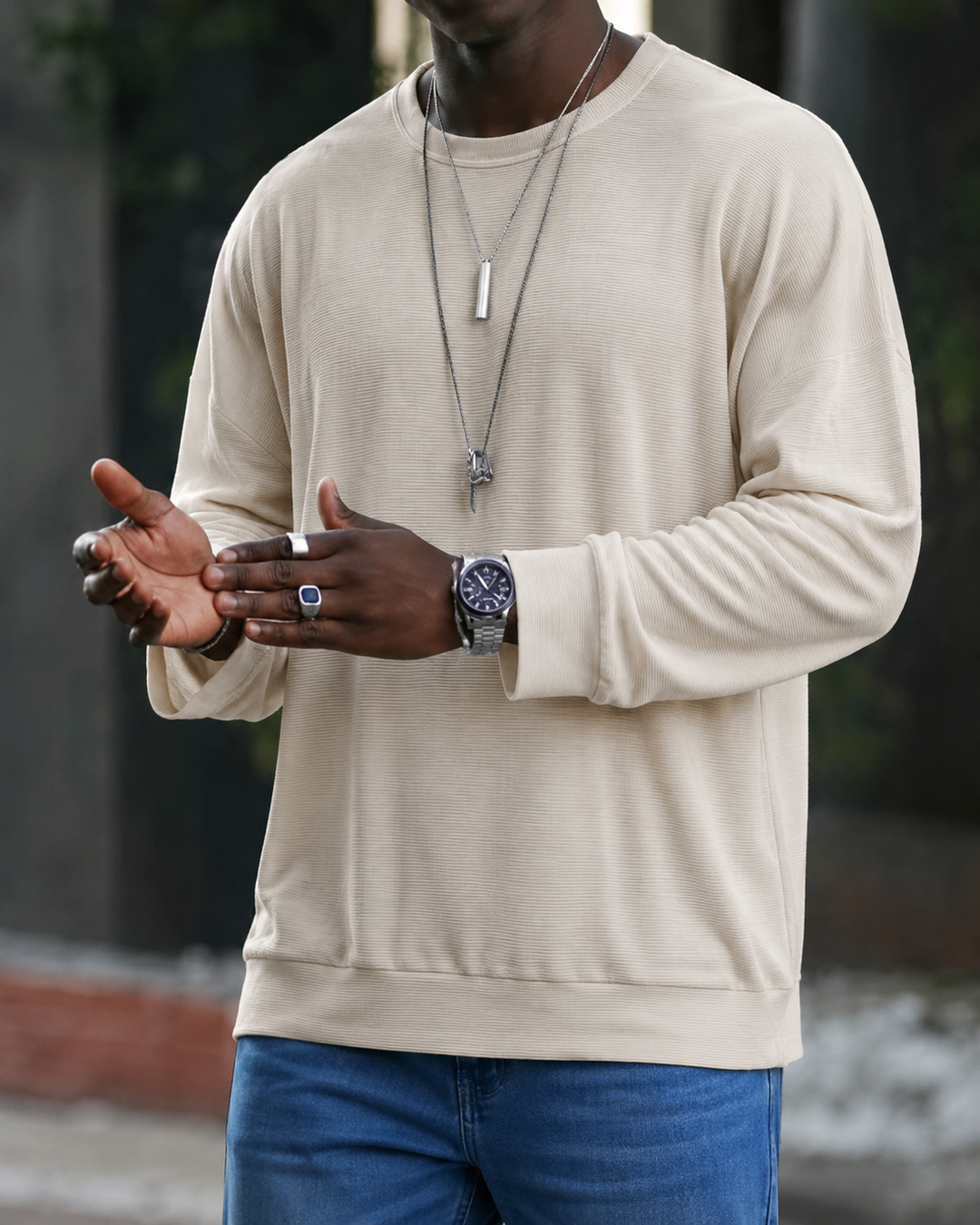 Men's textured crew neck knit sweater with long sleeves and ribbed trims