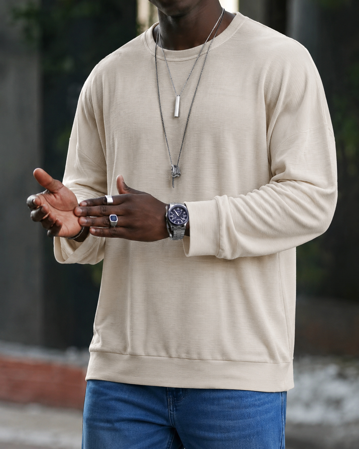 Men's textured crew neck knit sweater with long sleeves and ribbed trims