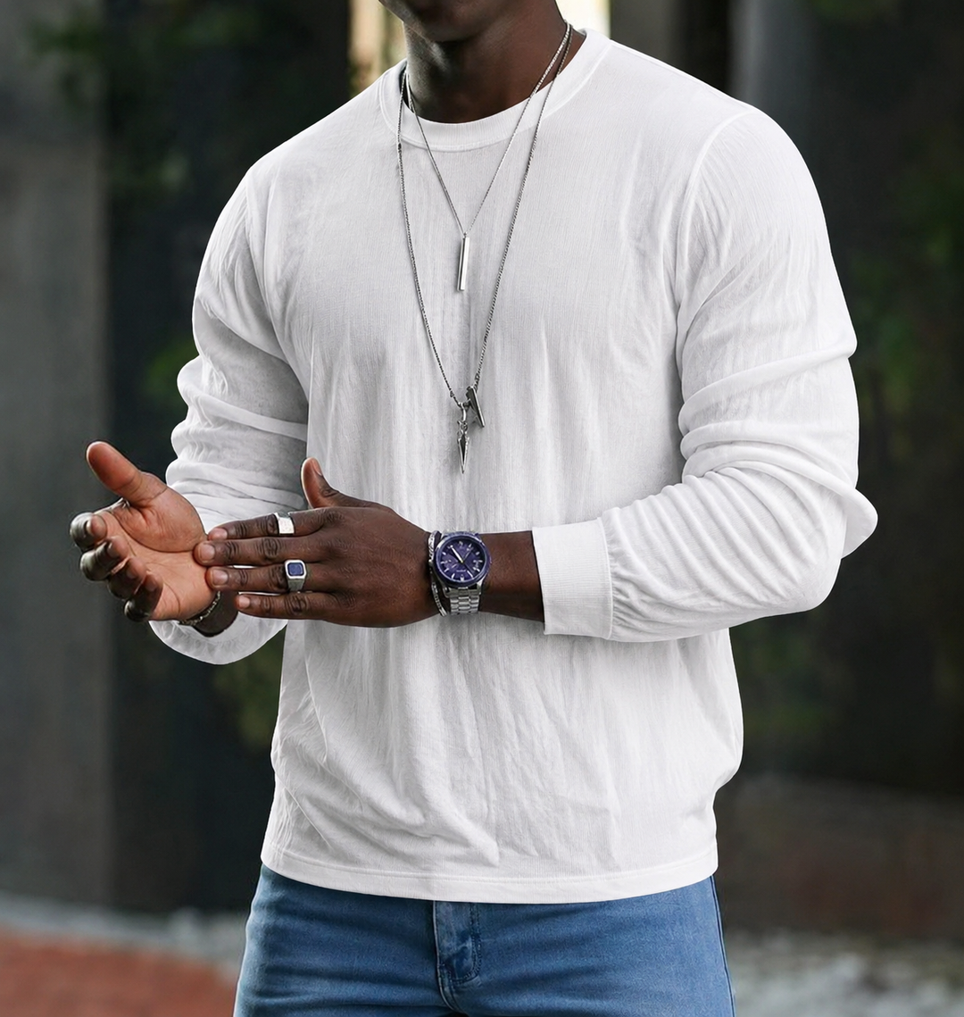 Men's textured crew neck knit sweater with long sleeves and ribbed trims