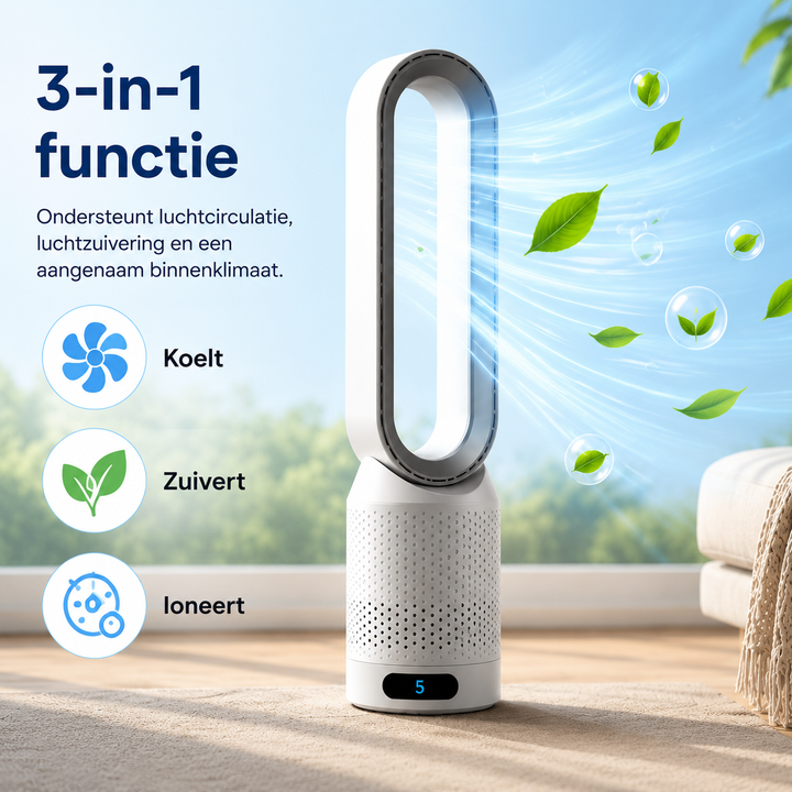 3-in-1 bladeless air cooler with perforated grille and digital display