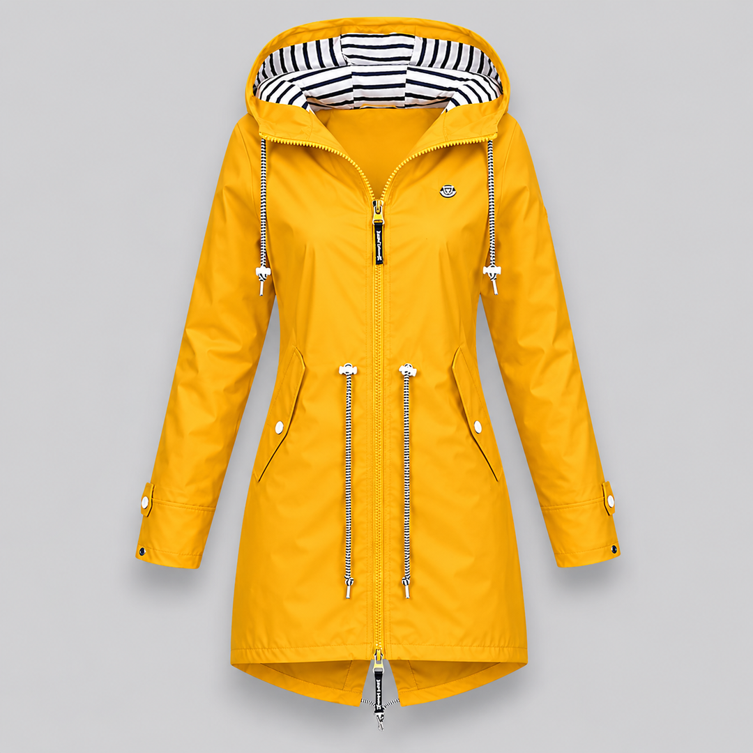 Women's longline hooded parka jacket with drawstrings and zip front
