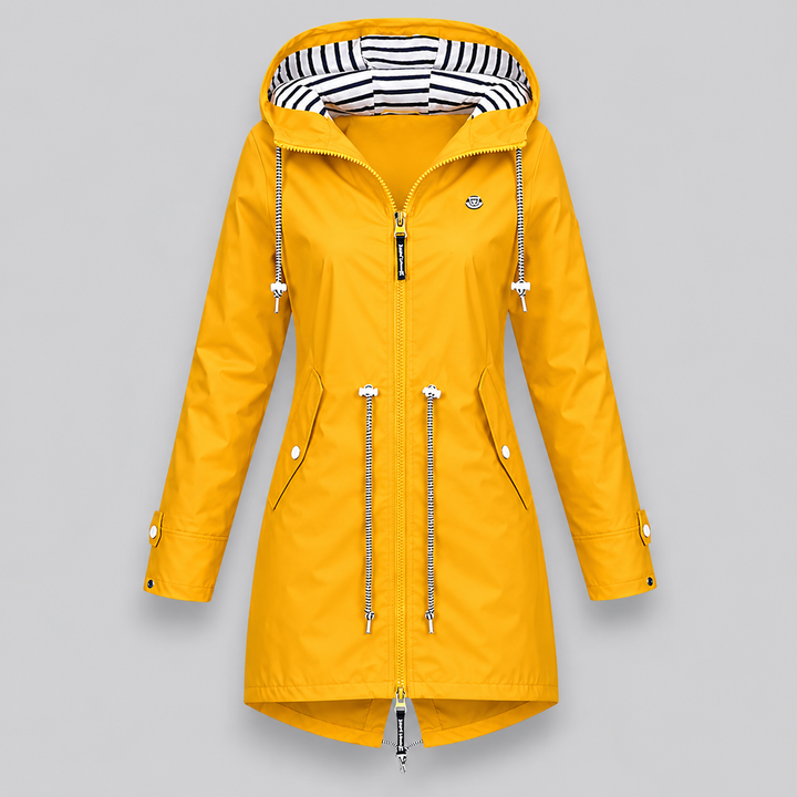 Women's longline hooded parka jacket with drawstrings and zip front