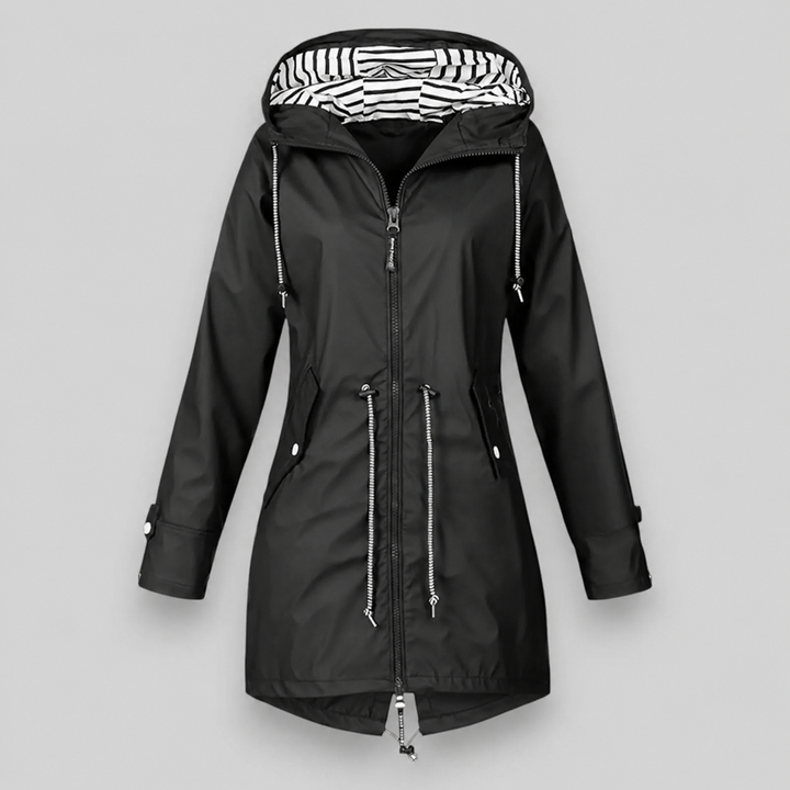 Women's longline hooded parka jacket with drawstrings and zip front