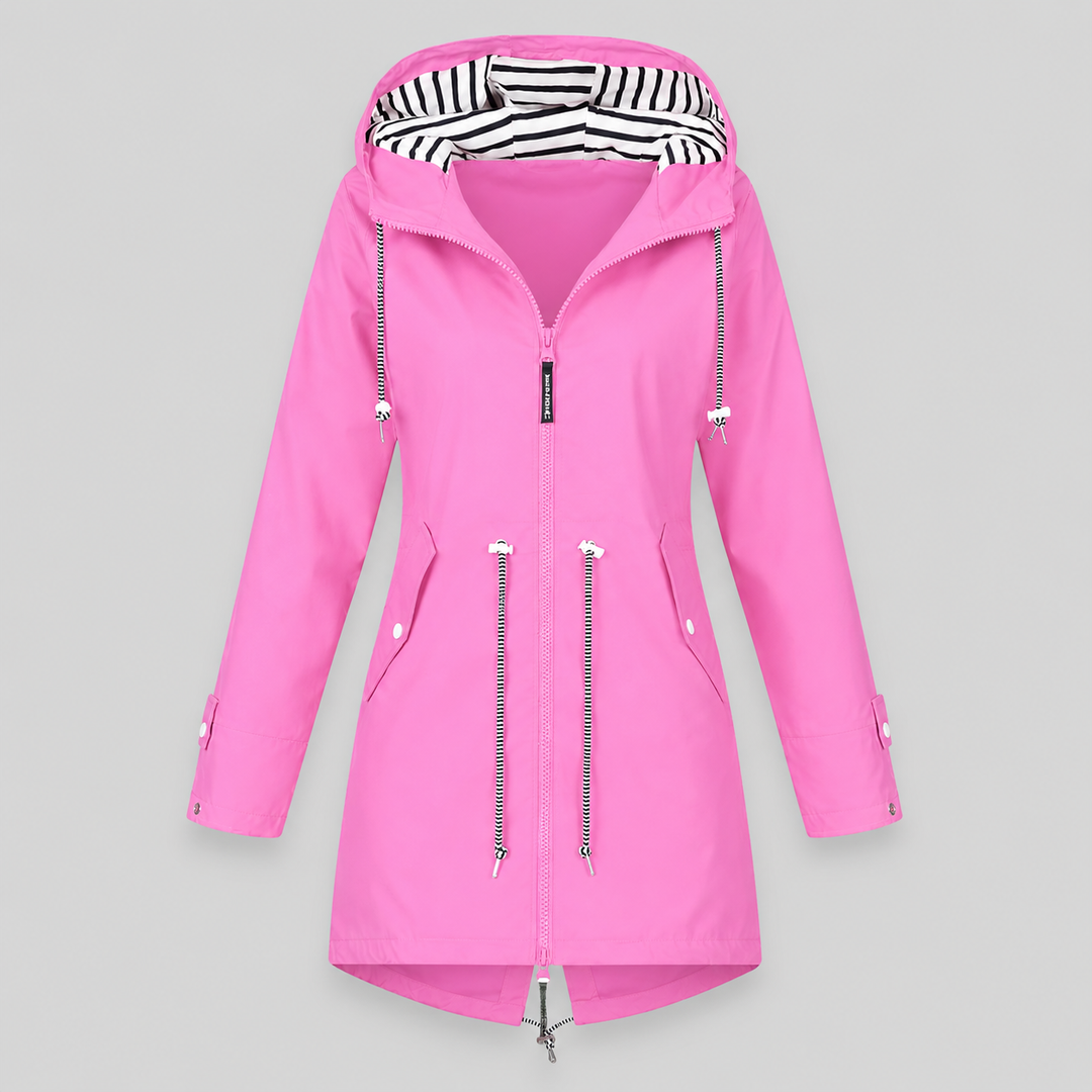 Women's longline hooded parka jacket with drawstrings and zip front
