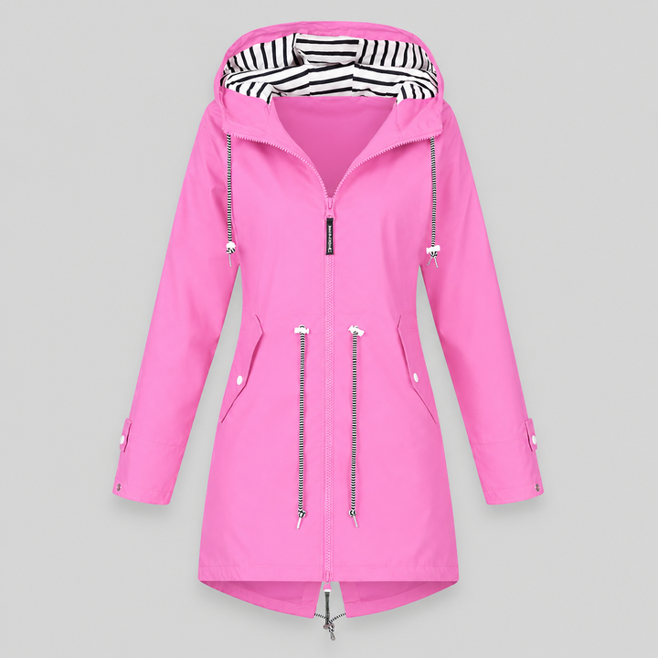 Women's longline hooded parka jacket with drawstrings and zip front