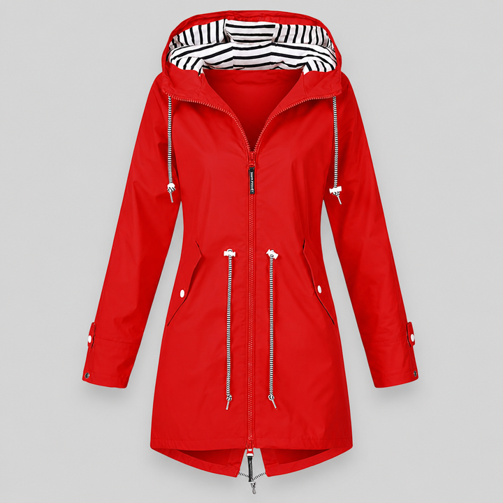 Women's longline hooded parka jacket with drawstrings and zip front