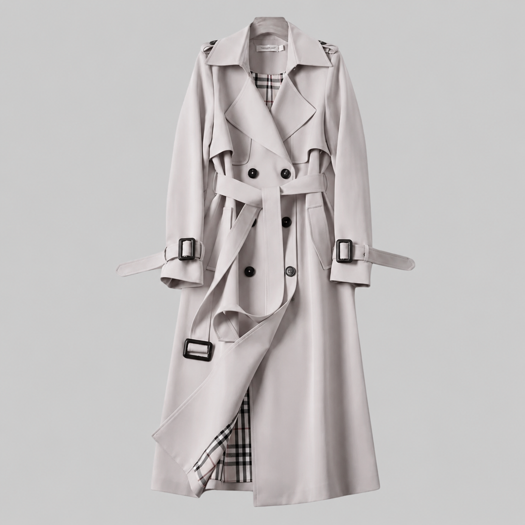Women's long belted double-breasted trench coat with lapel collar and buckle cuffs