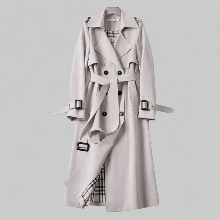 Women's long belted double-breasted trench coat with lapel collar and buckle cuffs