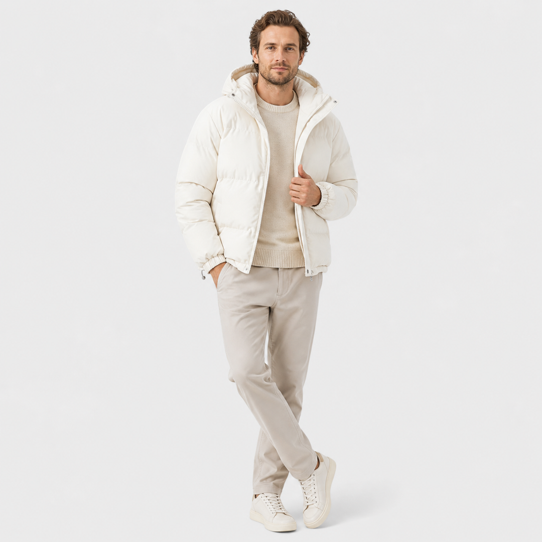 Unisex hooded quilted puffer jacket with zip front and side pockets