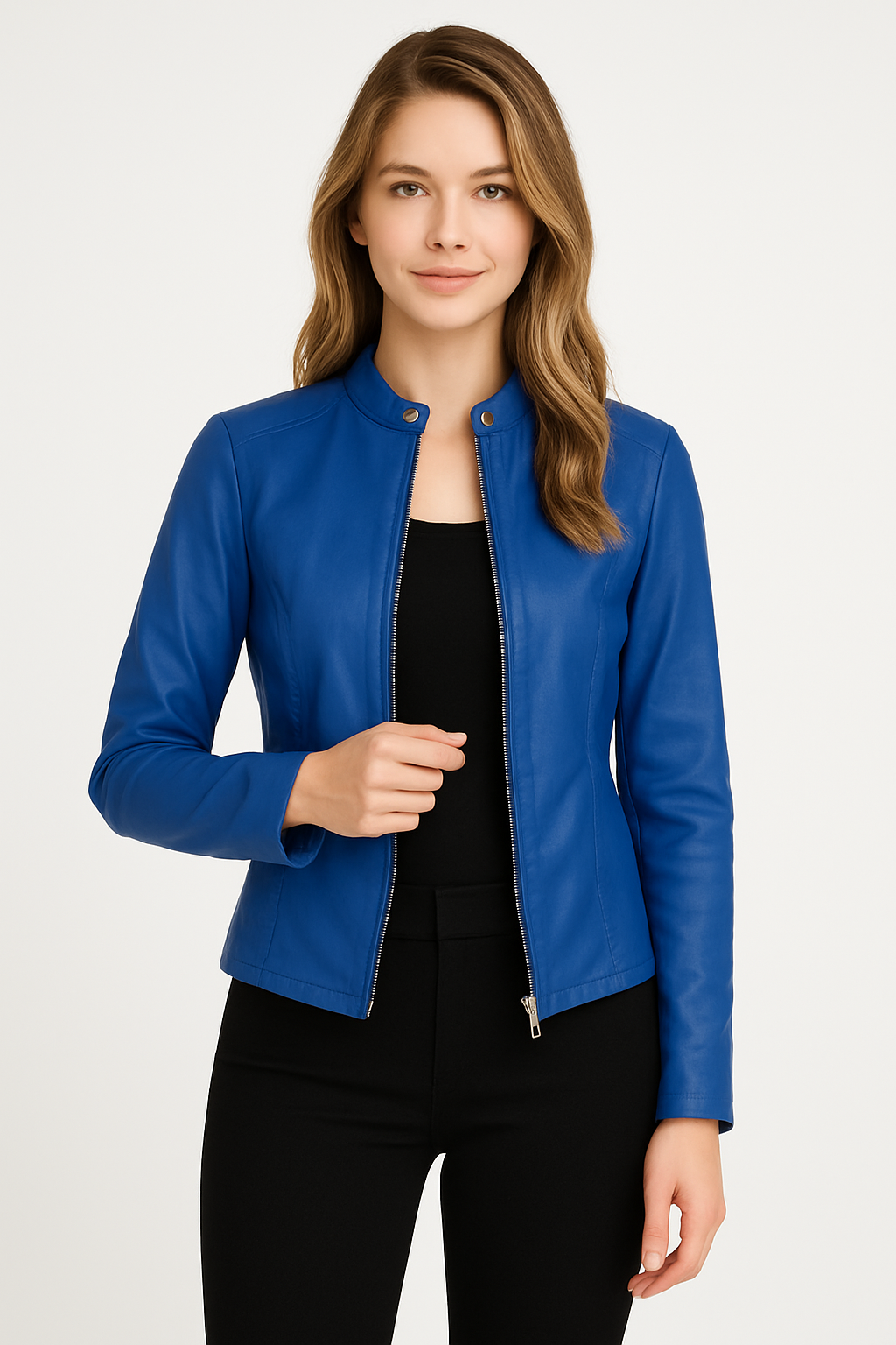 Women's cropped jacket with stand collar, long sleeves, front zipper and zipped pockets
