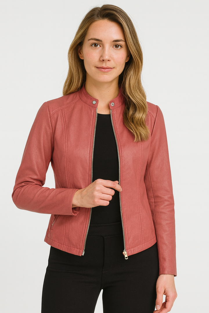 Women's cropped jacket with stand collar, long sleeves, front zipper and zipped pockets