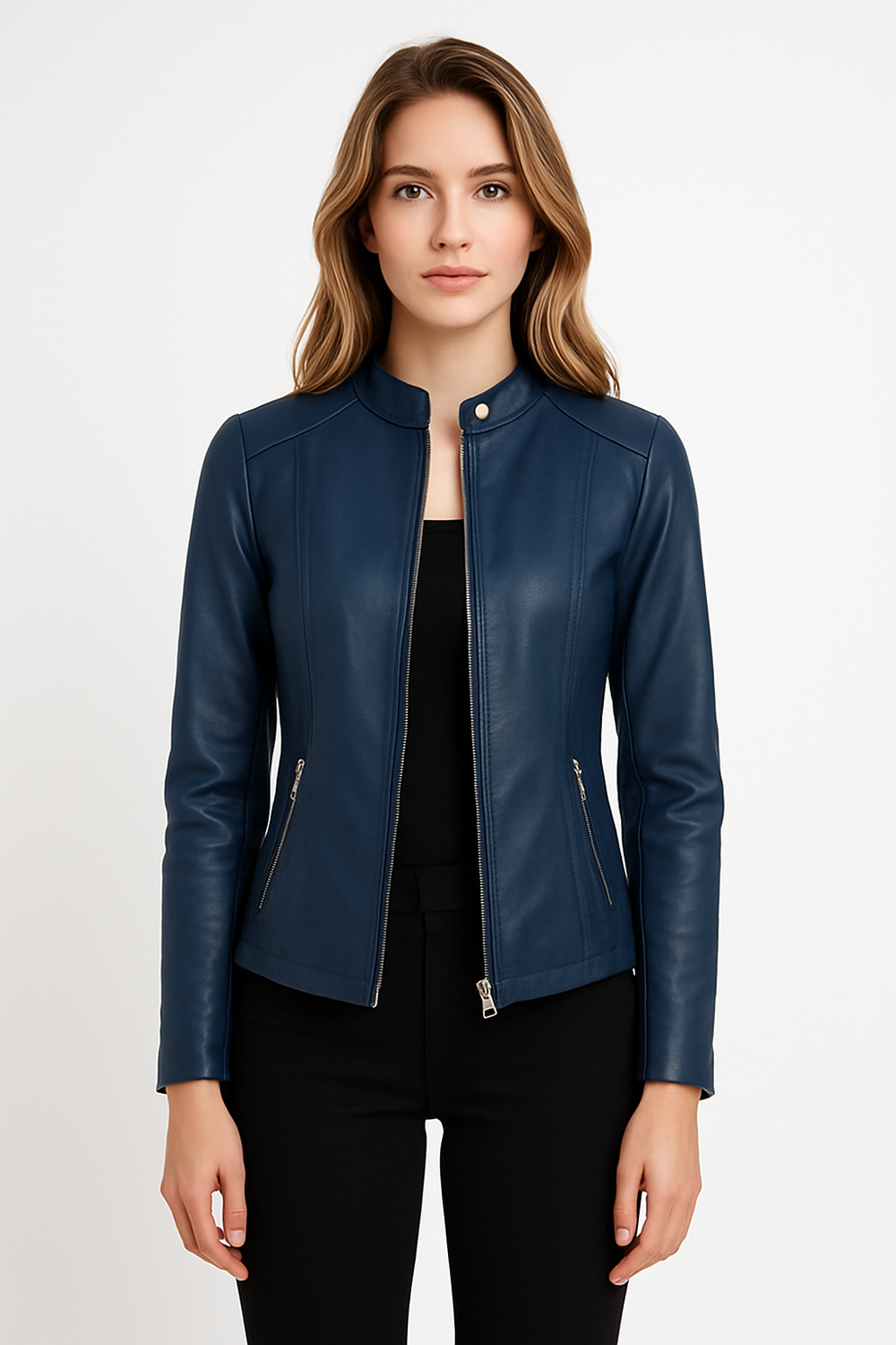 Women's cropped jacket with stand collar, long sleeves, front zipper and zipped pockets