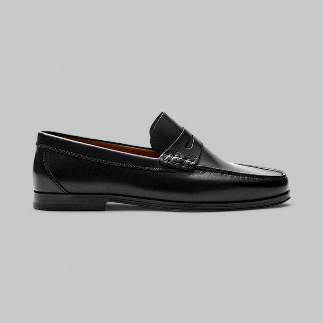 Leather loafers with penny strap detail shown in brown and black