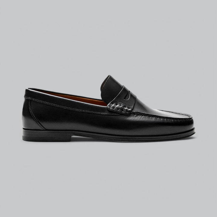 Leather loafers with penny strap detail shown in brown and black