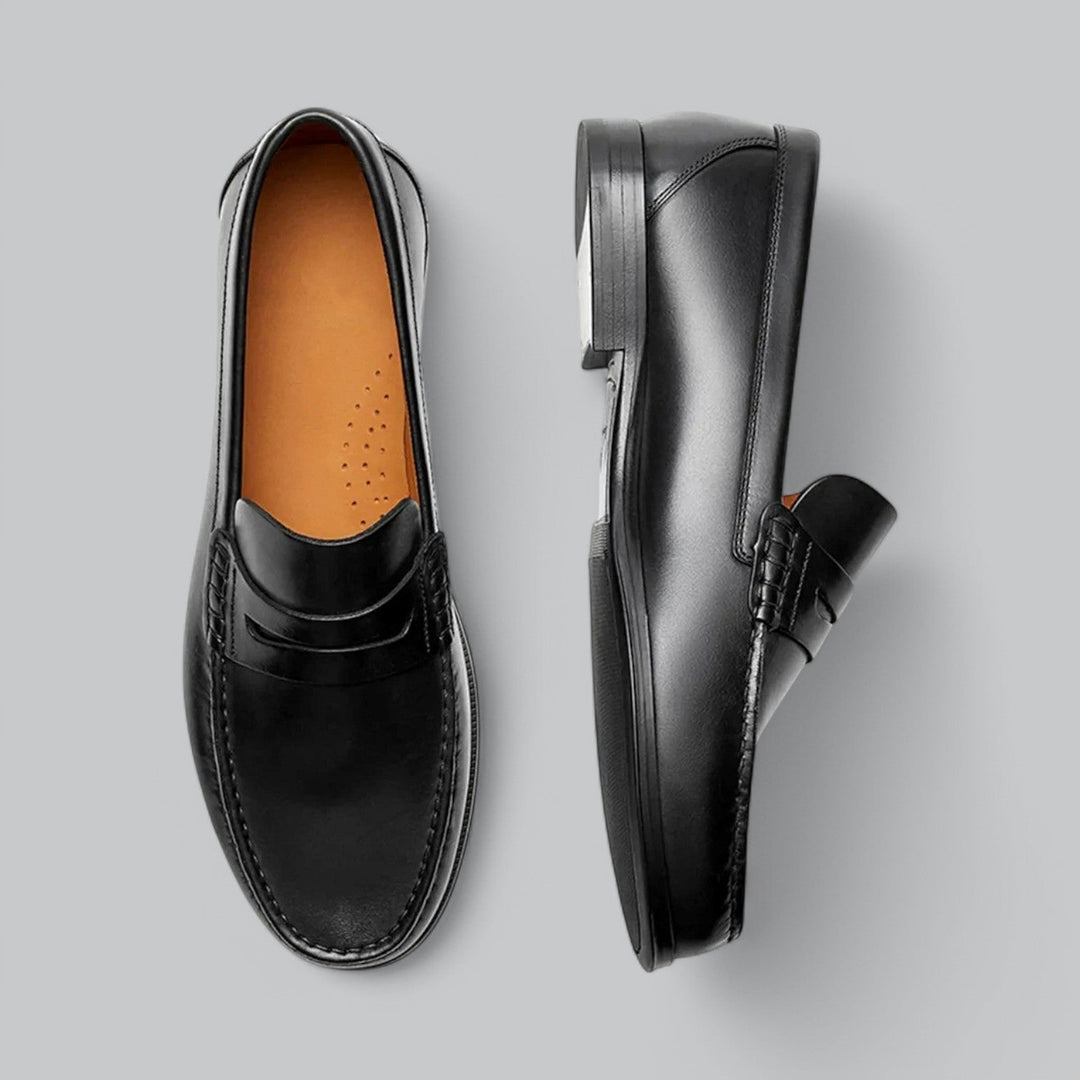 Leather loafers with penny strap detail shown in brown and black