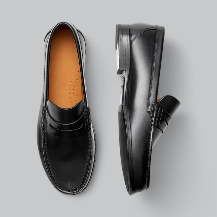 Leather loafers with penny strap detail shown in brown and black