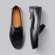 Leather loafers with penny strap detail shown in brown and black