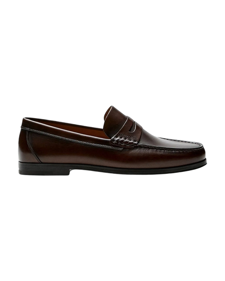 Leather loafers with penny strap detail shown in brown and black