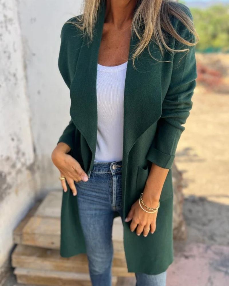 Women's long open front cardigan with long sleeves and patch pockets