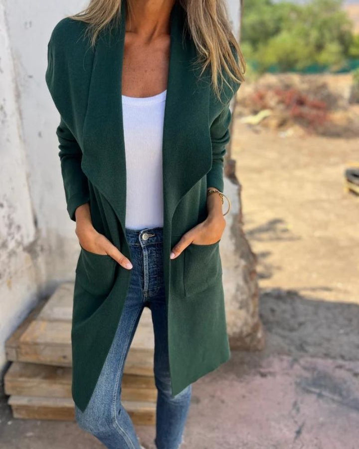 Women's long open front cardigan with long sleeves and patch pockets