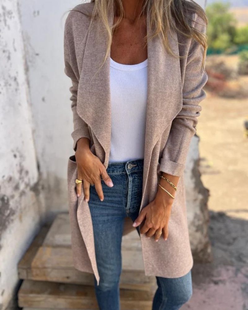 Women's long open front cardigan with long sleeves and patch pockets