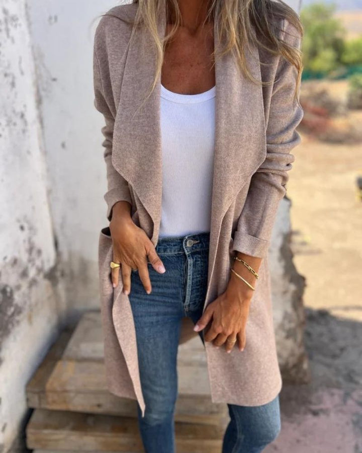 Women's long open front cardigan with long sleeves and patch pockets