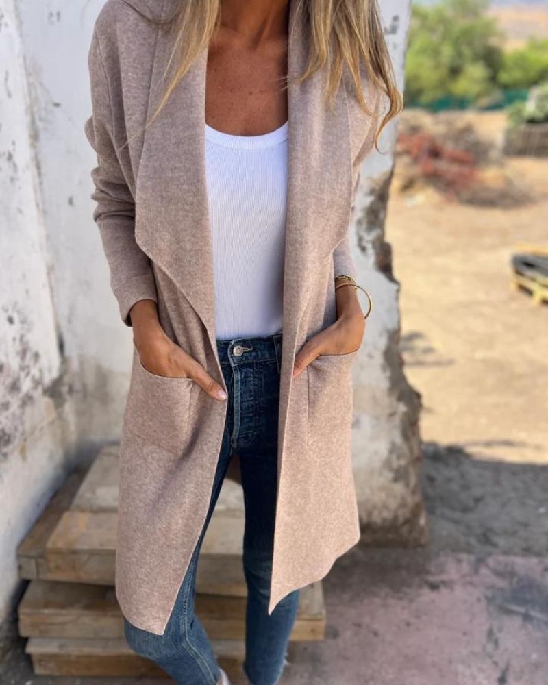 Women's long open front cardigan with long sleeves and patch pockets
