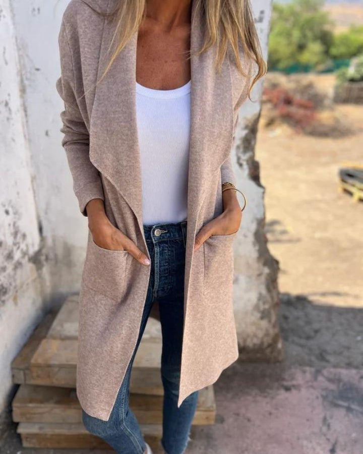 Women's long open front cardigan with long sleeves and patch pockets
