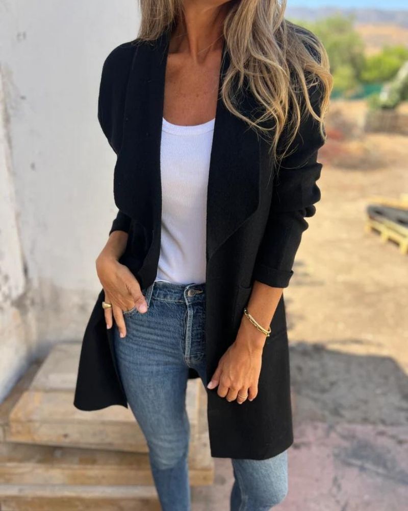 Women's long open front cardigan with long sleeves and patch pockets