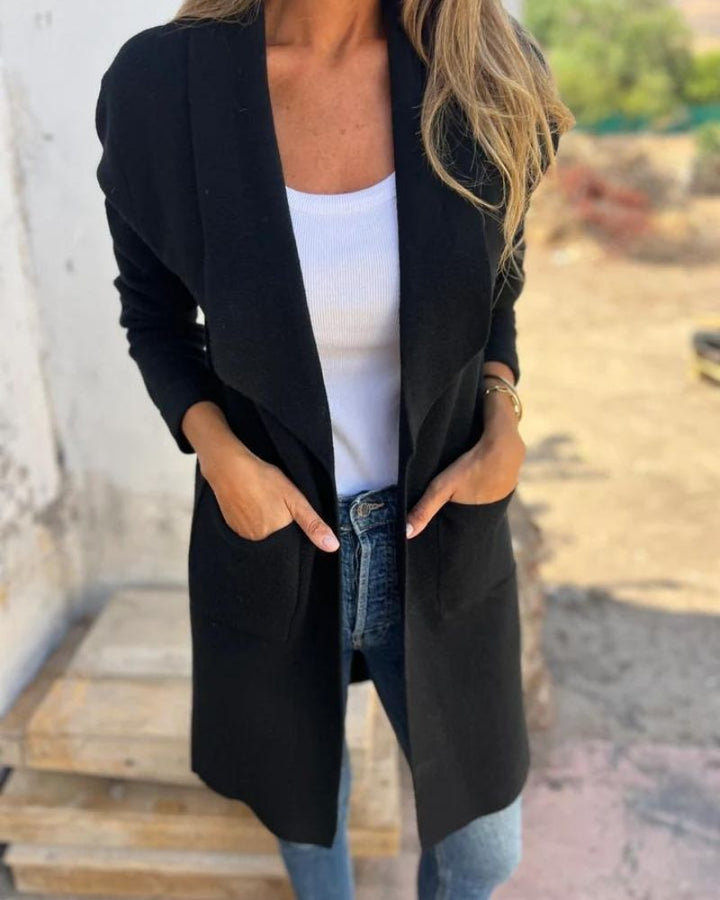 Women's long open front cardigan with long sleeves and patch pockets