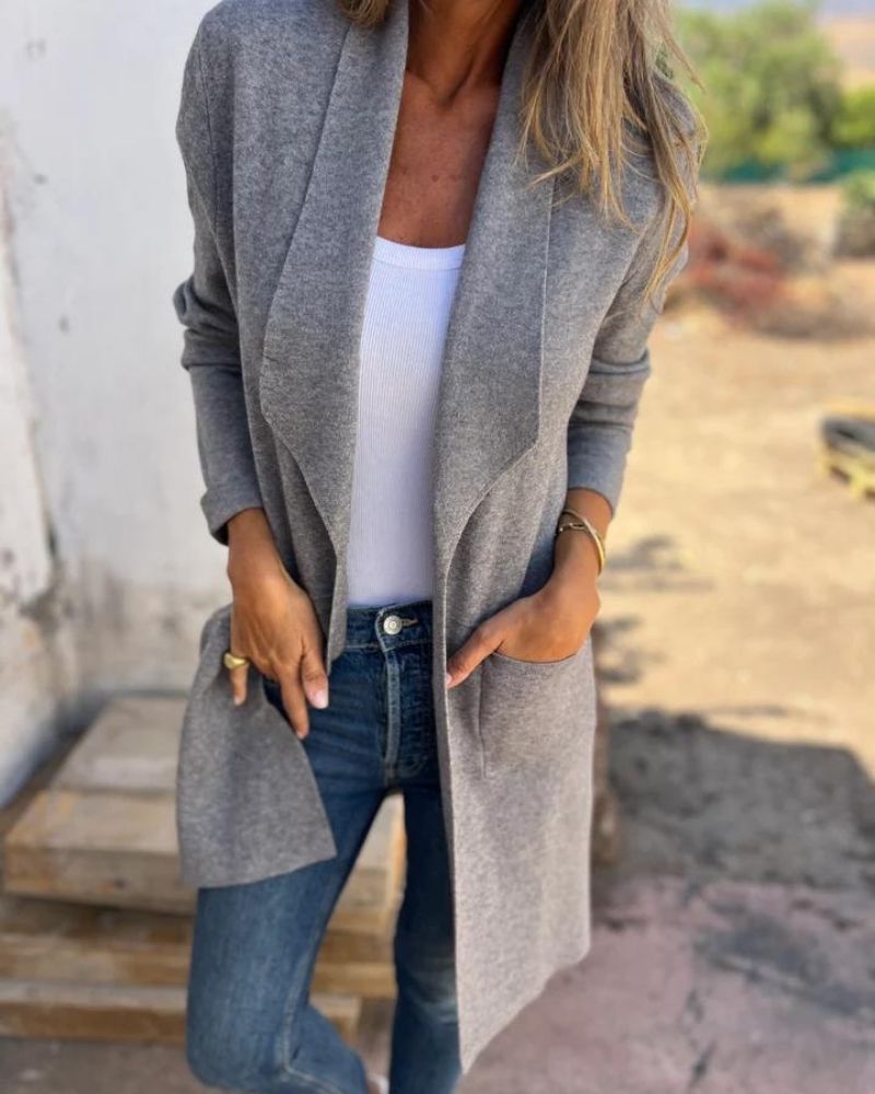 Women's long open front cardigan with long sleeves and patch pockets