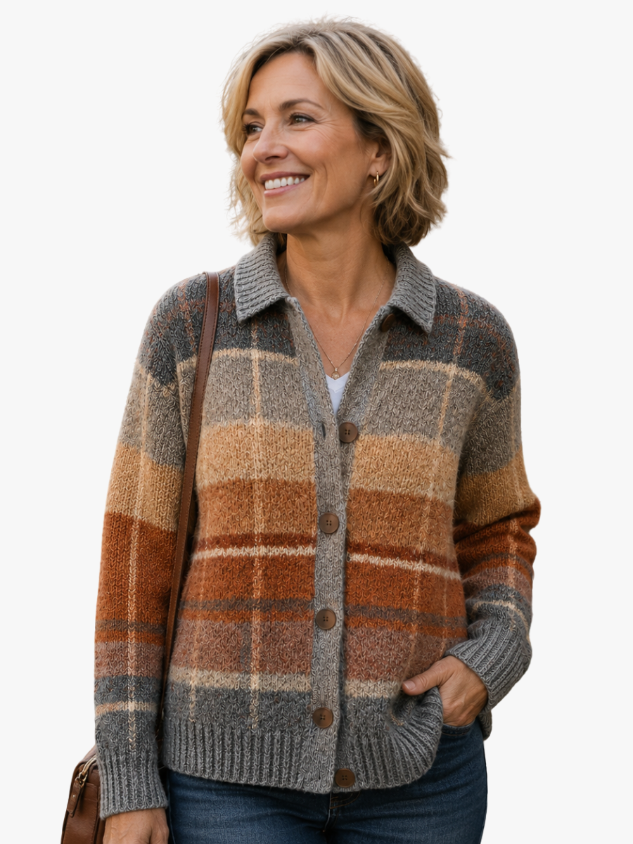 Women's multicolor checked knit cardigan with shirt collar, buttons and front pockets