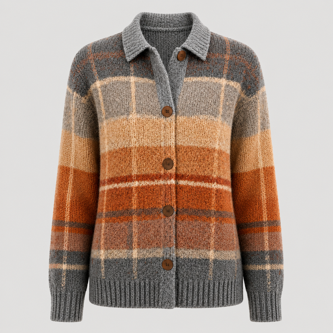 Women's multicolor checked knit cardigan with shirt collar, buttons and front pockets