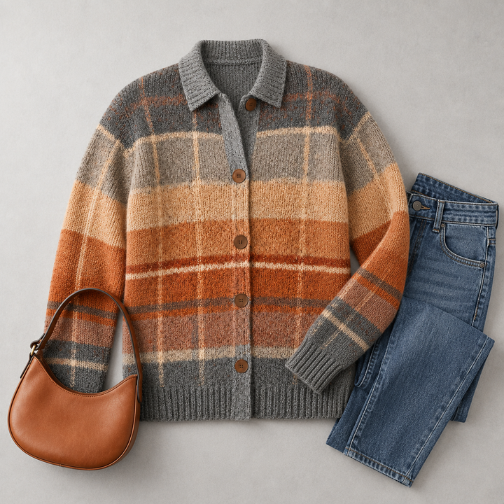 Women's multicolor checked knit cardigan with shirt collar, buttons and front pockets