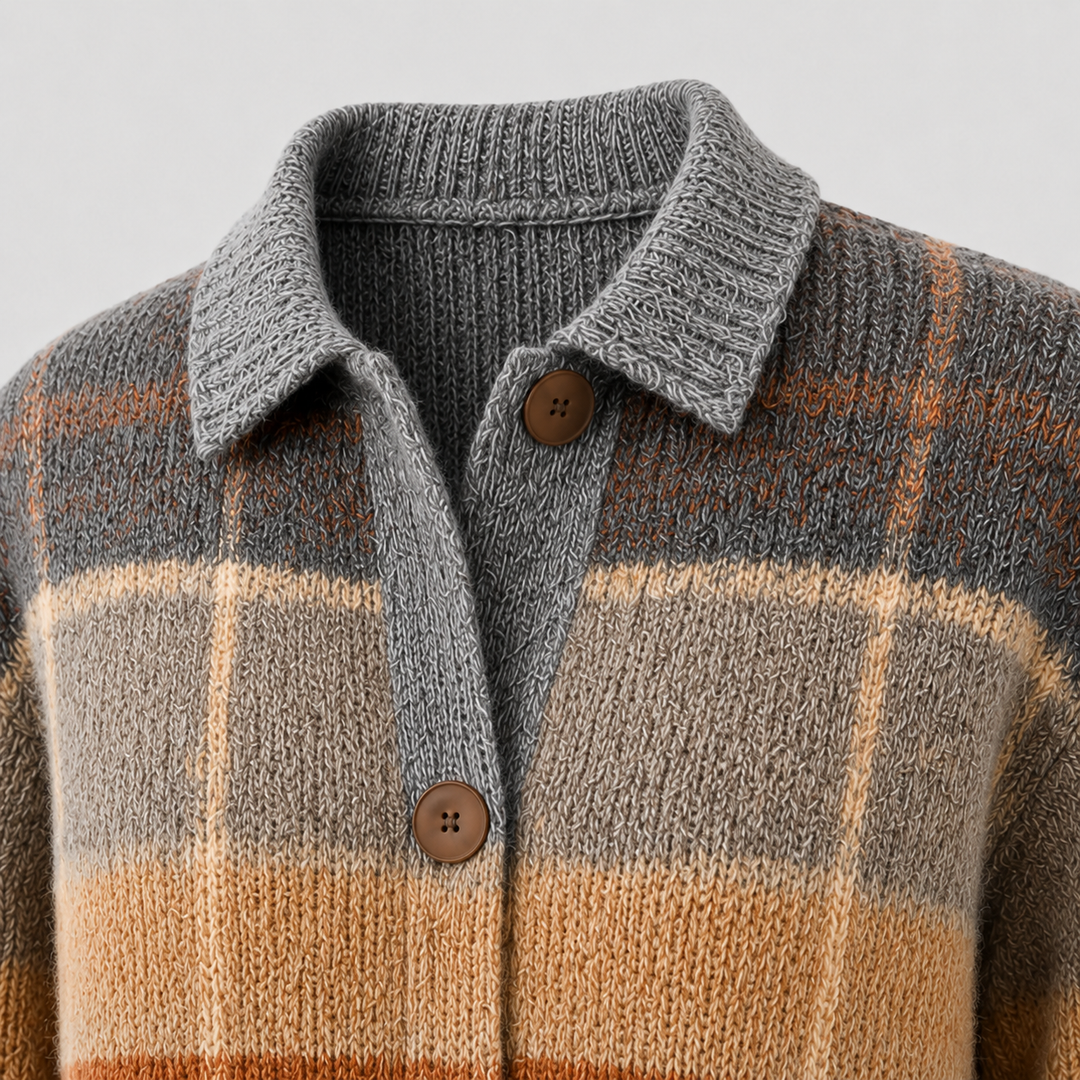 Women's multicolor checked knit cardigan with shirt collar, buttons and front pockets
